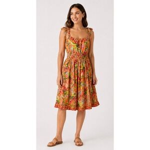 Lands' End Dress Women‎ Medium Orange Tropical Floral Smocked Tie Shoulder Midi